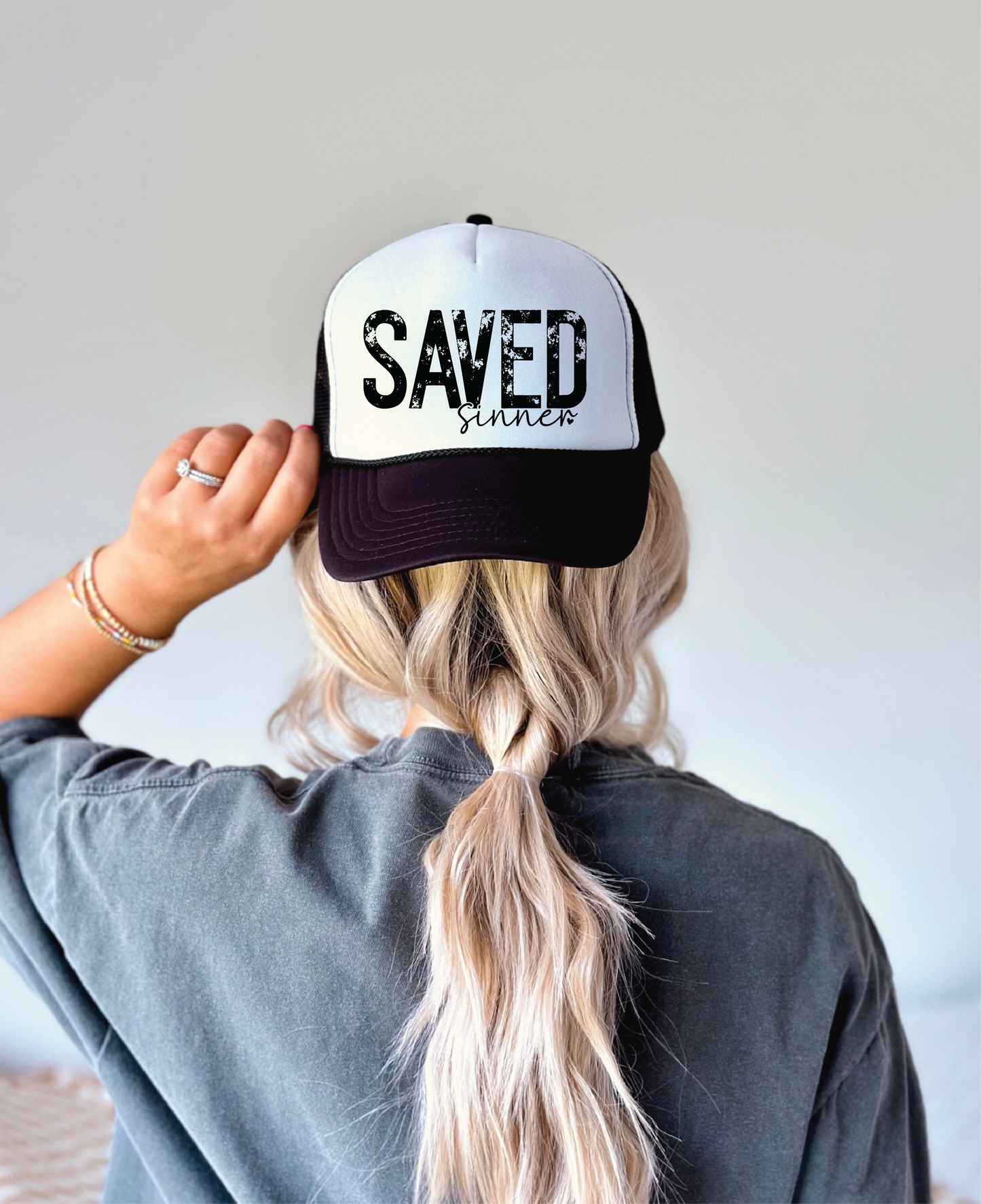 Saved Sinner DTF Printed Black and White Trucker Hat