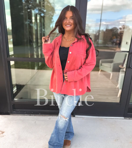 French Terry Shacket - Coral Red - PREORDER (Jan)