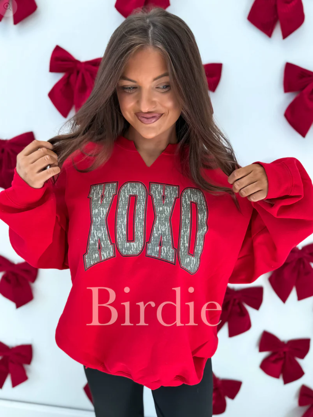 XOXO Bottomland Camo Split Neck Graphic Crewneck on Red - RTS