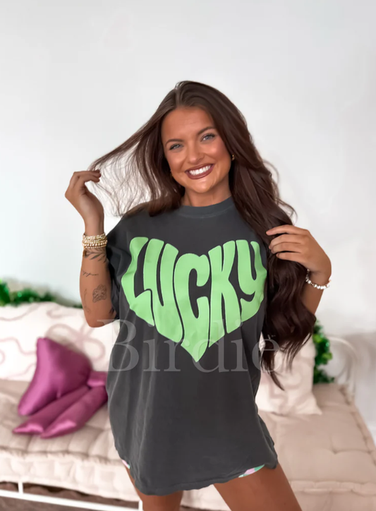 Neon LUCKY Heart Graphic Tee on Pepper Comfort Colors - RTS