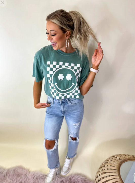 Checkered Shamrock Smiley Green Graphic Tee - RTS
