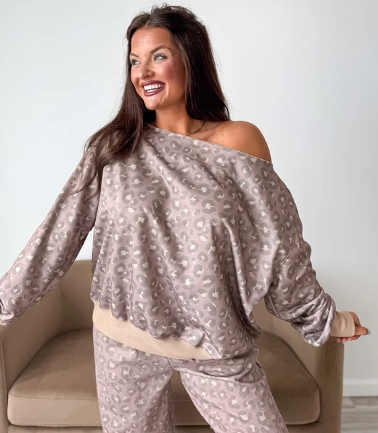Off Shoulder Slouchy Pullover in Toasted Toffee Leopard - November Preorder