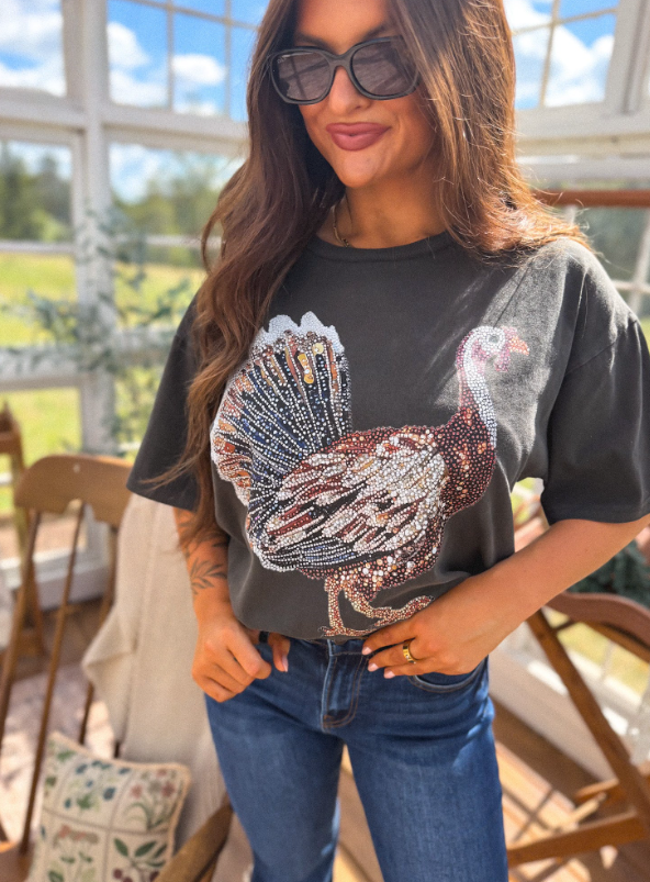 FAUX Rhinestone Turkey Graphic Tee on Birdie Always Tee in Black Smoke - Made to Order