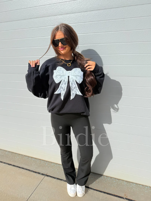 White Lace Bow Graphic Crewneck Sweatshirt on Black