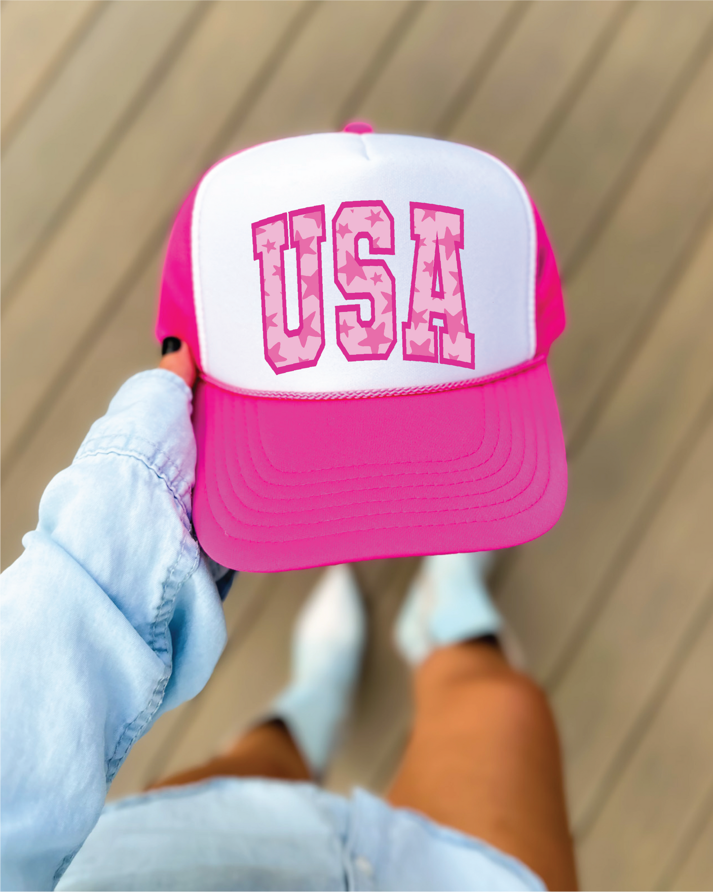 USA Pink DTF Printed Hot Pink and White Trucker Hat