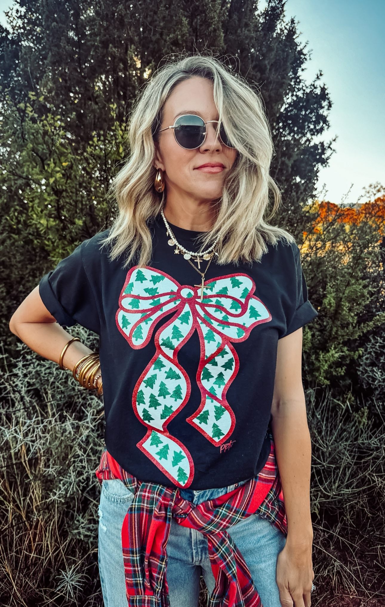 Glitter Bow with Tiny Trees - Short and Long Sleeve Option