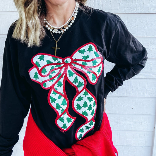 Glitter Bow with Tiny Trees - Short and Long Sleeve Option