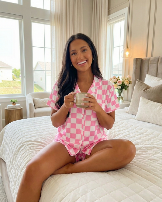 Checkered Print Button Up Top and Shorts Lounge Set