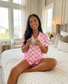 Checkered Print Button Up Top and Shorts Lounge Set