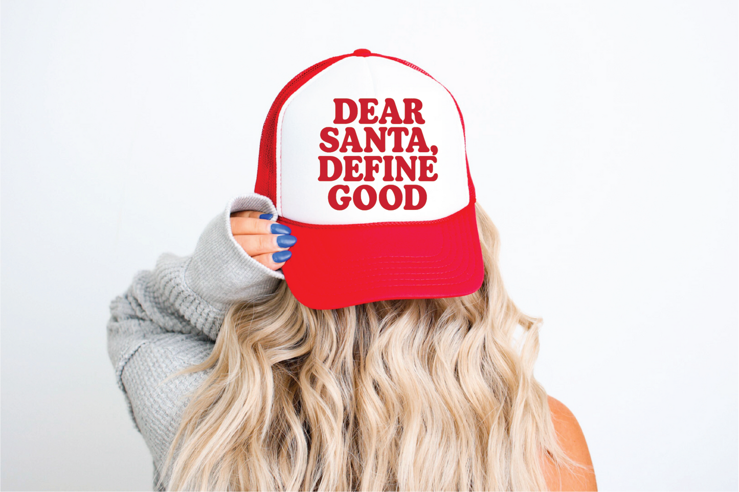 Santa Define Good DTF Printed Red & White Trucker Hat