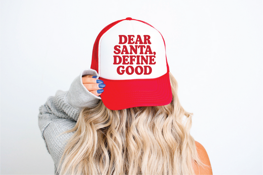 Santa Define Good DTF Printed Red & White Trucker Hat