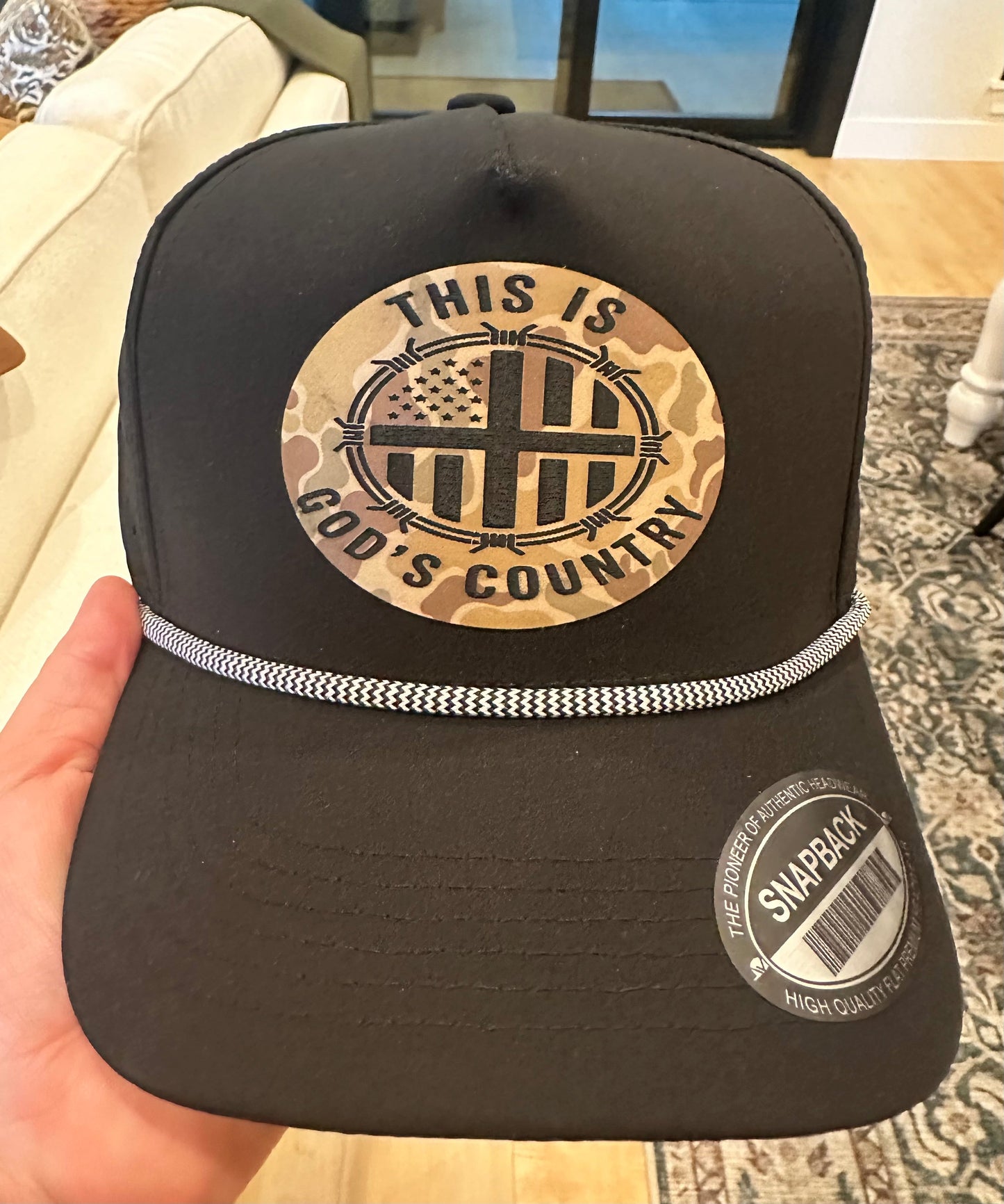 This Is Gods Country Duck Camo patch on a black rope hat
