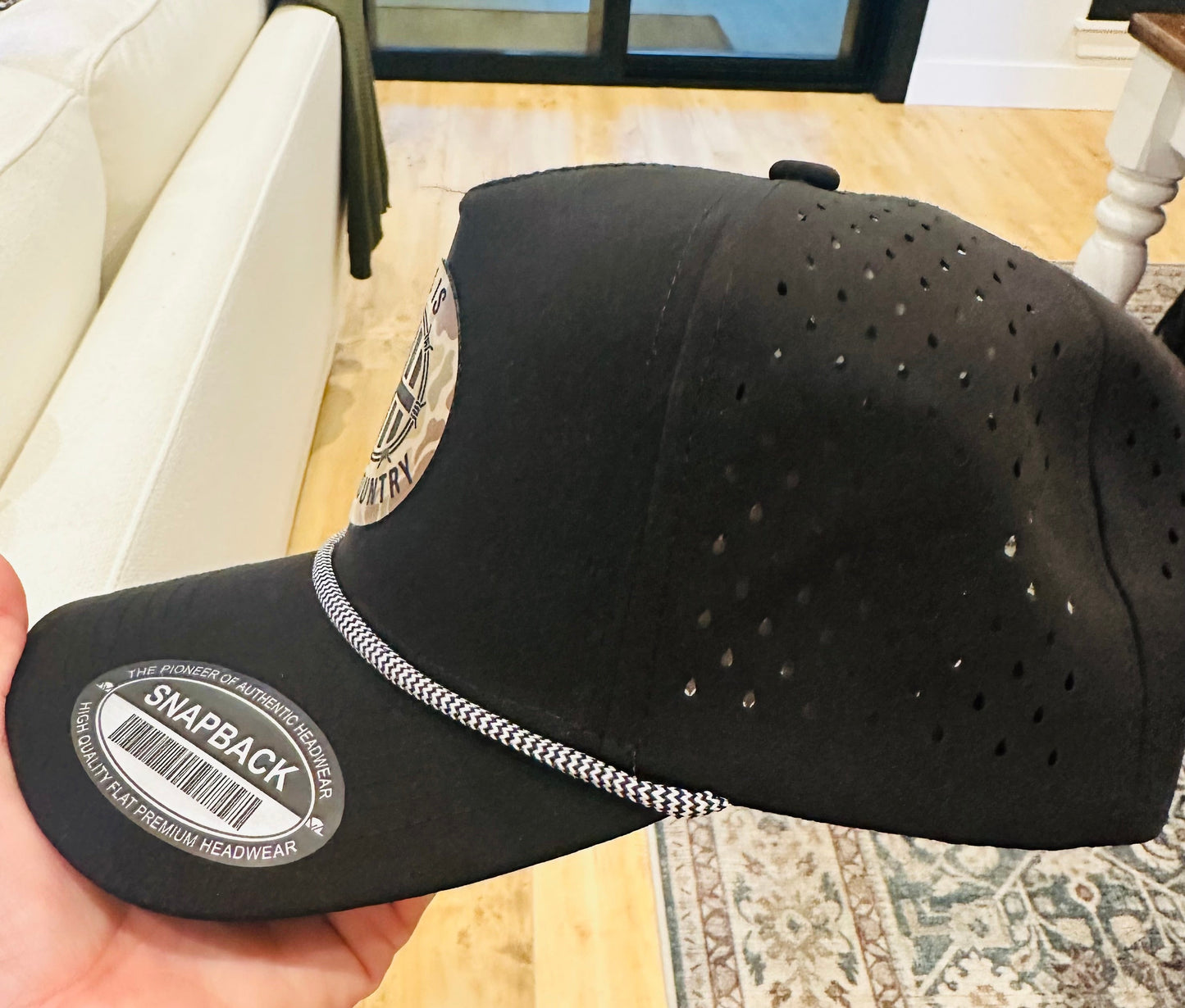 This Is Gods Country Duck Camo patch on a black rope hat