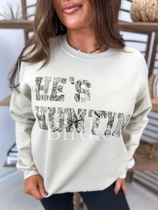 He's Hunting Graphic Crew Neck Sweatshirt