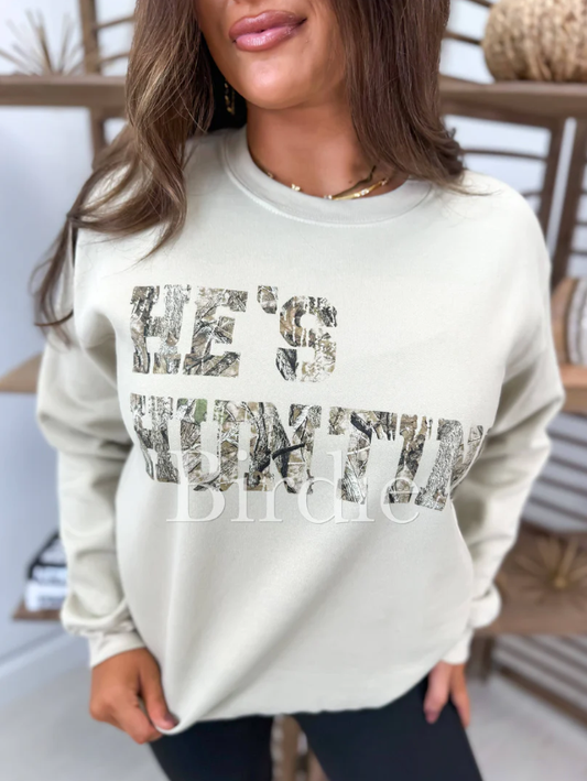 He's Hunting Graphic Crew Neck Sweatshirt