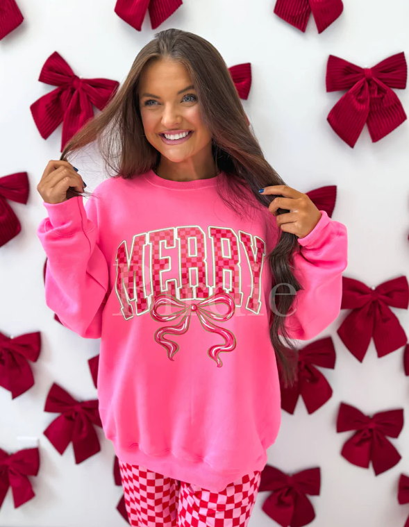 Pink Merry Checkered Graphic Crewneck on Neon Pink