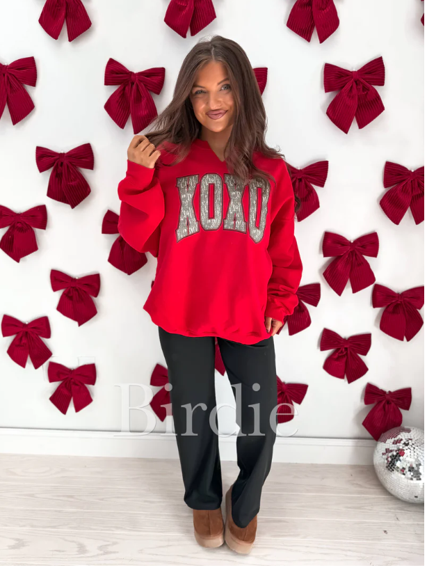 XOXO Bottomland Camo Split Neck Graphic Crewneck on Red - RTS