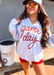 Red Game Day Split Neck Graphic Crewneck on Ash Gray