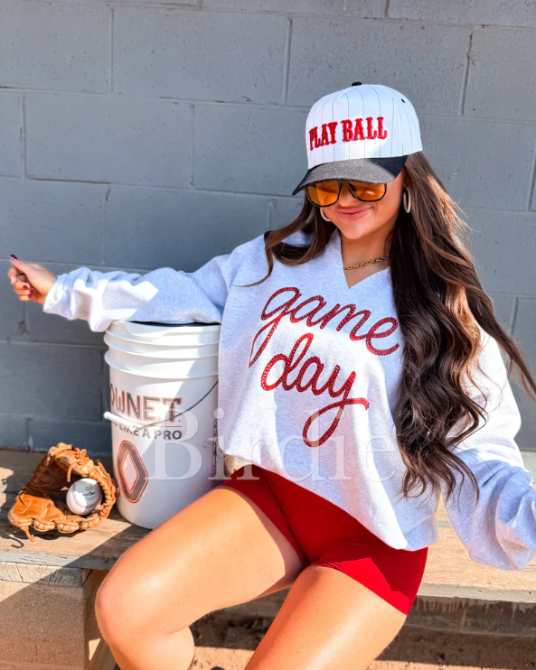 Red Game Day Split Neck Graphic Crewneck on Ash Gray
