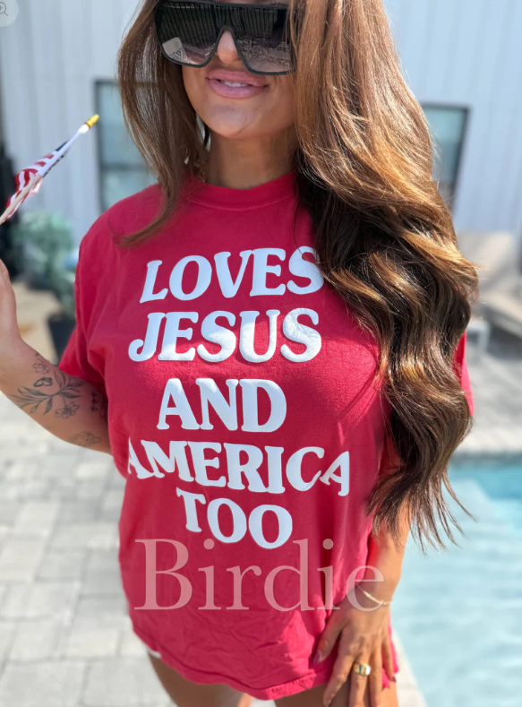 Loves Jesus & America Too Vinyl Graphic Tee on Paprika
