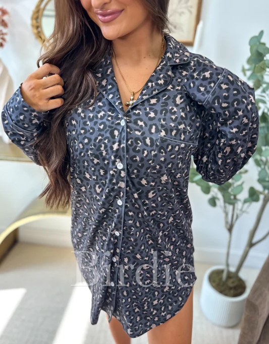 Long Sleeve Sleep Dress in Indigo Wild Leopard - Preorder - May