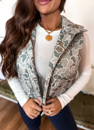 Puffer Vest in Sage Green Duck Camo - Preorder - August