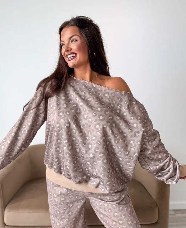 Off Shoulder Slouchy Pullover in Toasted Toffee Leopard - November Preorder