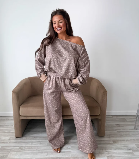 Relaxed Terry Wide Leg Pants in Toasted Toffee Leopard- November Preorder