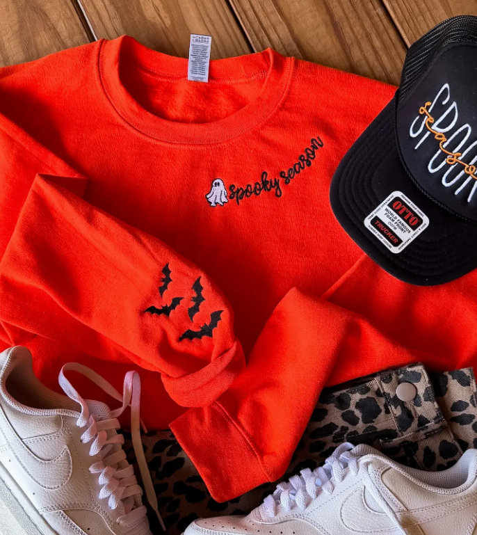 Spooky Season Embroidered Sweatshirt - Orange - Made to Order