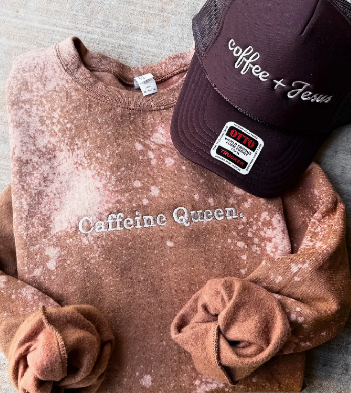 Caffeine Queen | Funny Embroidery Bleached Sweatshirt - Made to Order