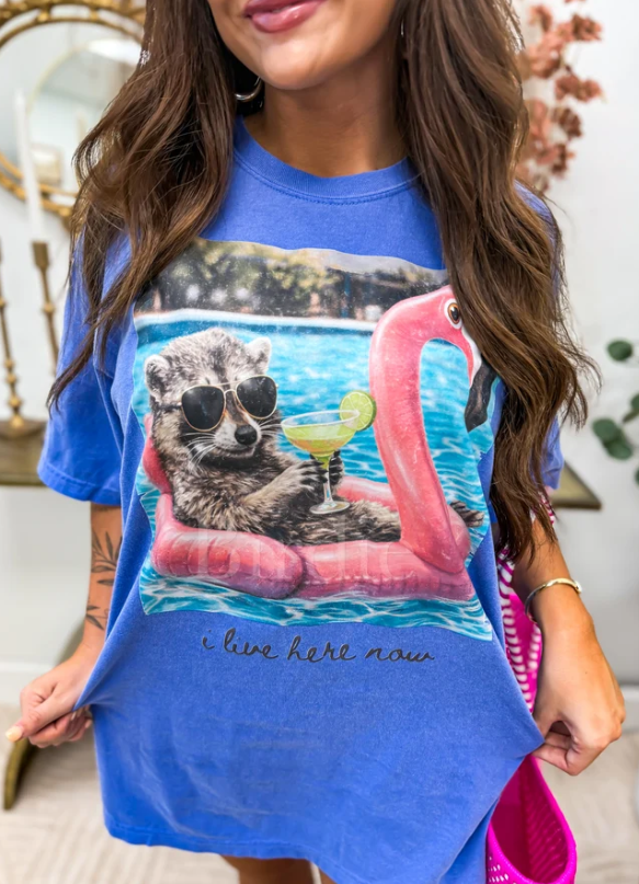 Live Here Now Raccoon & Flamingo Graphic Tee on Flo Blue - Ready to Ship!