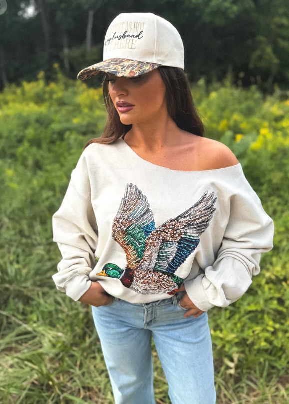 FAUX Rhinestone Duck Off Shoulder Graphic Crewneck on Sand - Made to Order