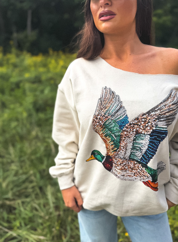 FAUX Rhinestone Duck Off Shoulder Graphic Crewneck on Sand - Made to Order