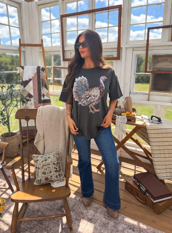 FAUX Rhinestone Turkey Graphic Tee on Birdie Always Tee in Black Smoke - Made to Order