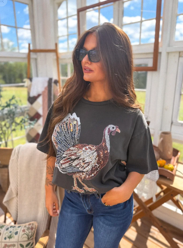 FAUX Rhinestone Turkey Graphic Tee on Birdie Always Tee in Black Smoke - Made to Order
