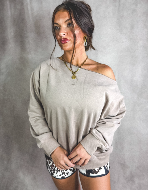 Slouchy Off the Shoulder Sweatshirt in Toasted Almond - November Preorder