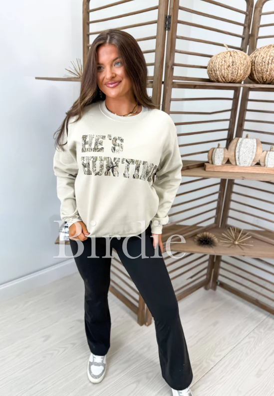 He's Hunting Graphic Crew Neck Sweatshirt