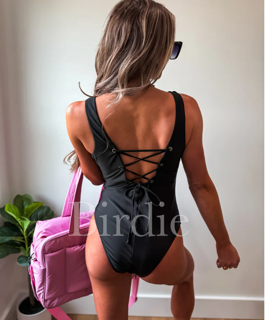 Black Tide Ribbed Lace-Up One Piece Swimsuit - PREORDER (April)