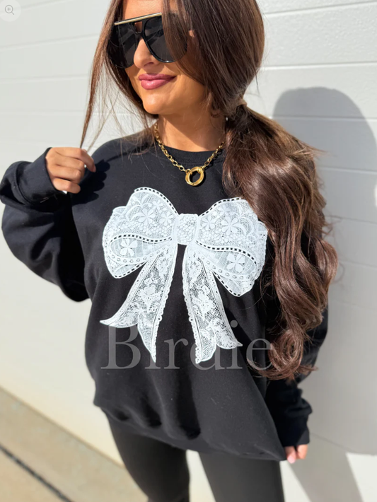 White Lace Bow Graphic Crewneck Sweatshirt on Black