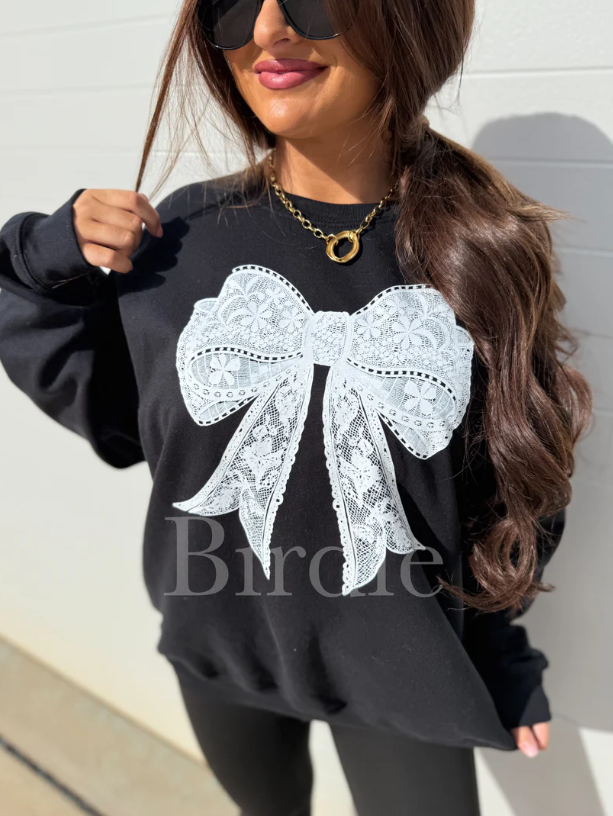 White Lace Bow Graphic Crewneck Sweatshirt on Black