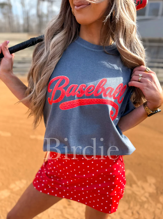Faux Yarn Baseball Graphic Tee on Denim