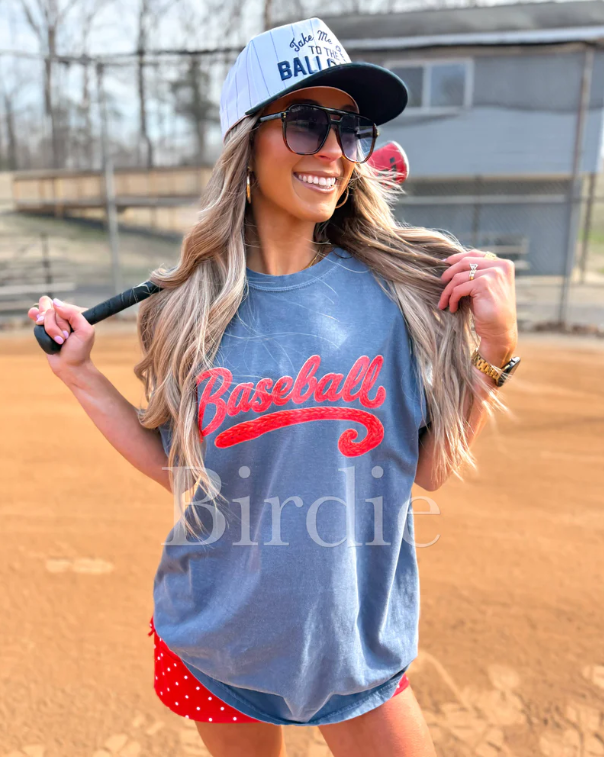 Faux Yarn Baseball Graphic Tee on Denim