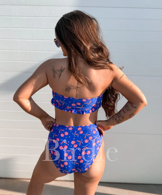 Two Piece Ruffle Strapless Swimsuit in Cherry Firecracker - Preorder - May