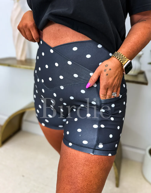 Black / White Dot - Foldover Biker Shorties - May