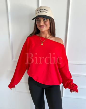 Off Shoulder Slouchy Pullover in Ruby Rush - Preorder - September