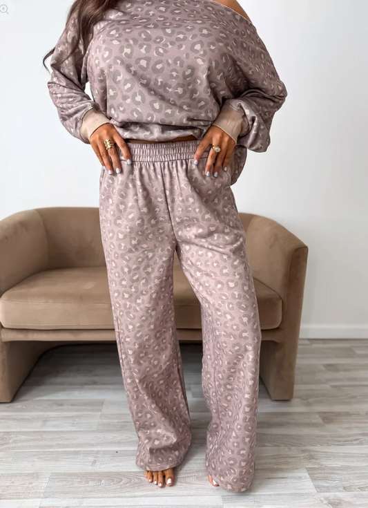 Relaxed Terry Wide Leg Pants in Toasted Toffee Leopard- November Preorder